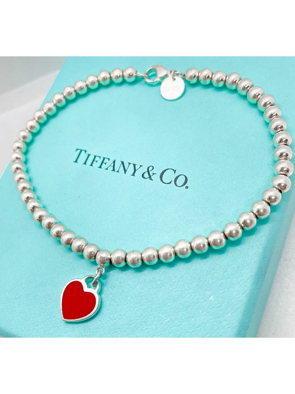 Tiffany & Co. Return to Tiffany Red Enamel Mini Heart Bead Bracelet Silver 7.25"